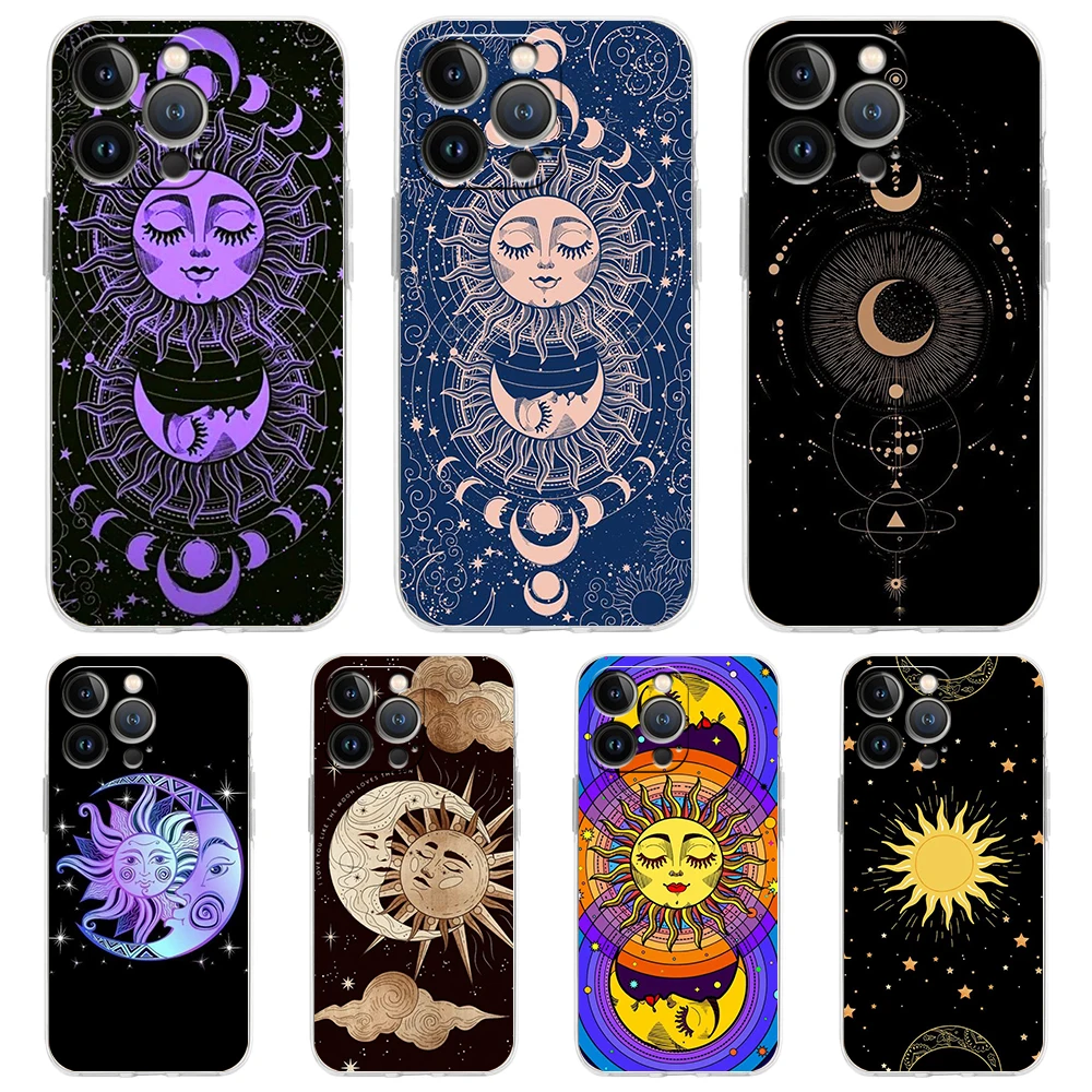 Suns Moons Clouds Astrological Phone Case for iPhone 16 15 14 13 12 Pro Max 11 Pro Max 7 8 Plus XS XR Transparent Shell Capas