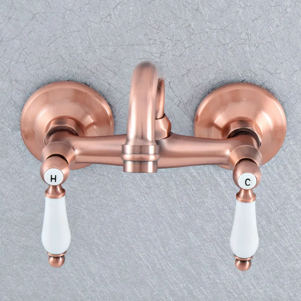 

Antique Red Copper Brass Two Ceramic Handles Wall Mounted Kitchen Bathroom Swivel Spout Faucet Mixer Tap asf898
