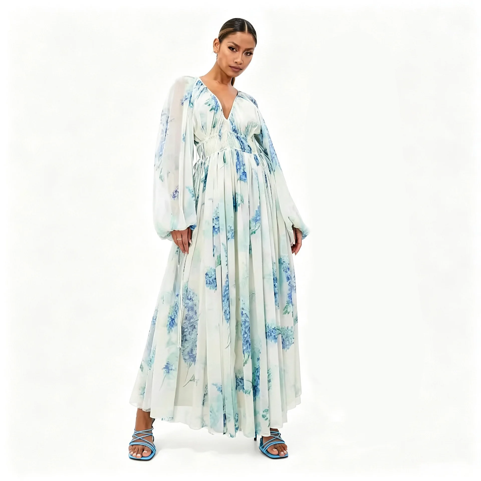 Women's Printed Chiffon. Clothes V-neck Sheer [unk]ruched[unk] Waist Drawstring Long Sleeve 8042 Robe Femme Clothing Lace