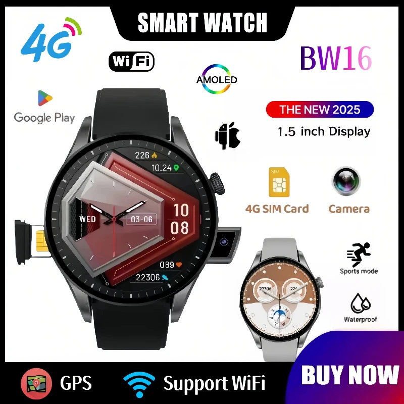 새로운 4G 스마트워치 BW16: 와이파이 | GPS | 안드로이드 IOS |   1.5인치 화면 |   구글 플레이 접근 |   SIM 카드 슬롯 |   걸음 수 측정기 |   수면 추적기