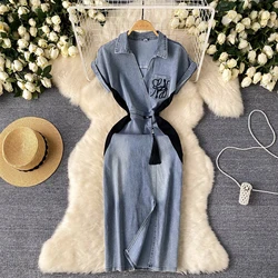 Summer Women Patchwork Denim Dress Vintage Style Short Sleeve Temperament V-Neck Slim Short A-line Jeans Dress Vestidos