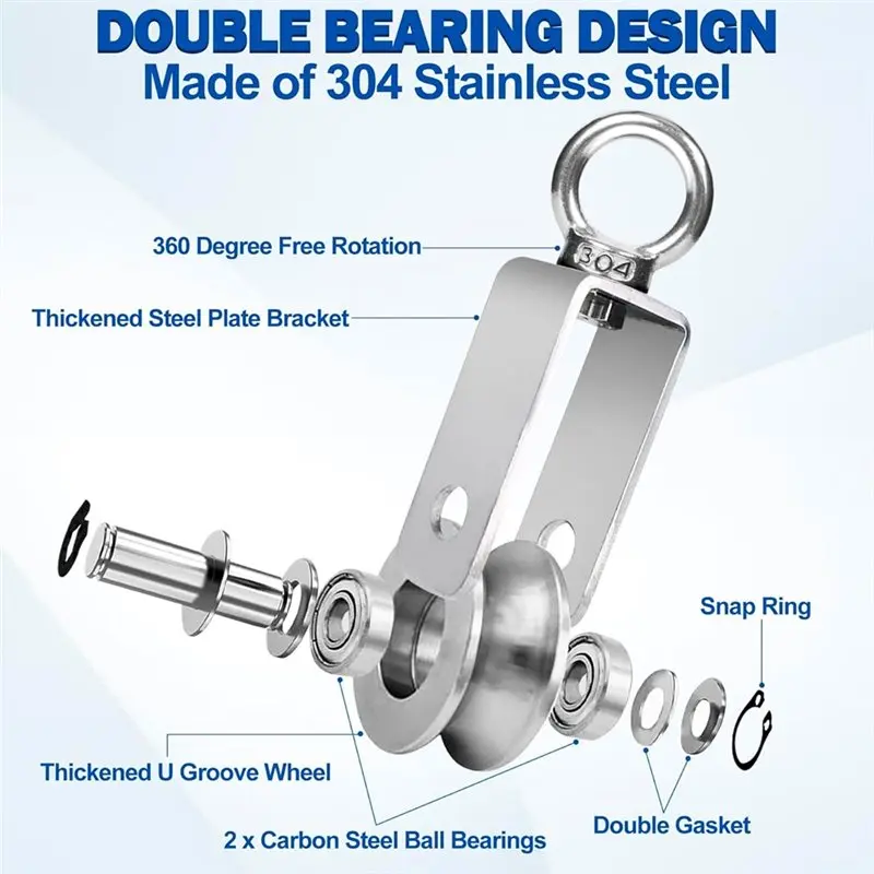 

A74E-Cable Pulley Wheel, M34 Single Pulley 4 Pack Stainless Steel Snatch Block,For Lifting System, Gym Equipment,551 Lbs Load