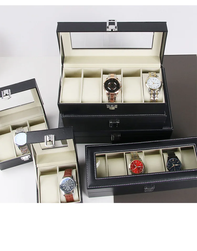 

Black PU 2/3/4/5/6/10/12/18/20/24-bit High Watch Box Multi-position PU Clear Window Watch Display Box Premium Watch Storage