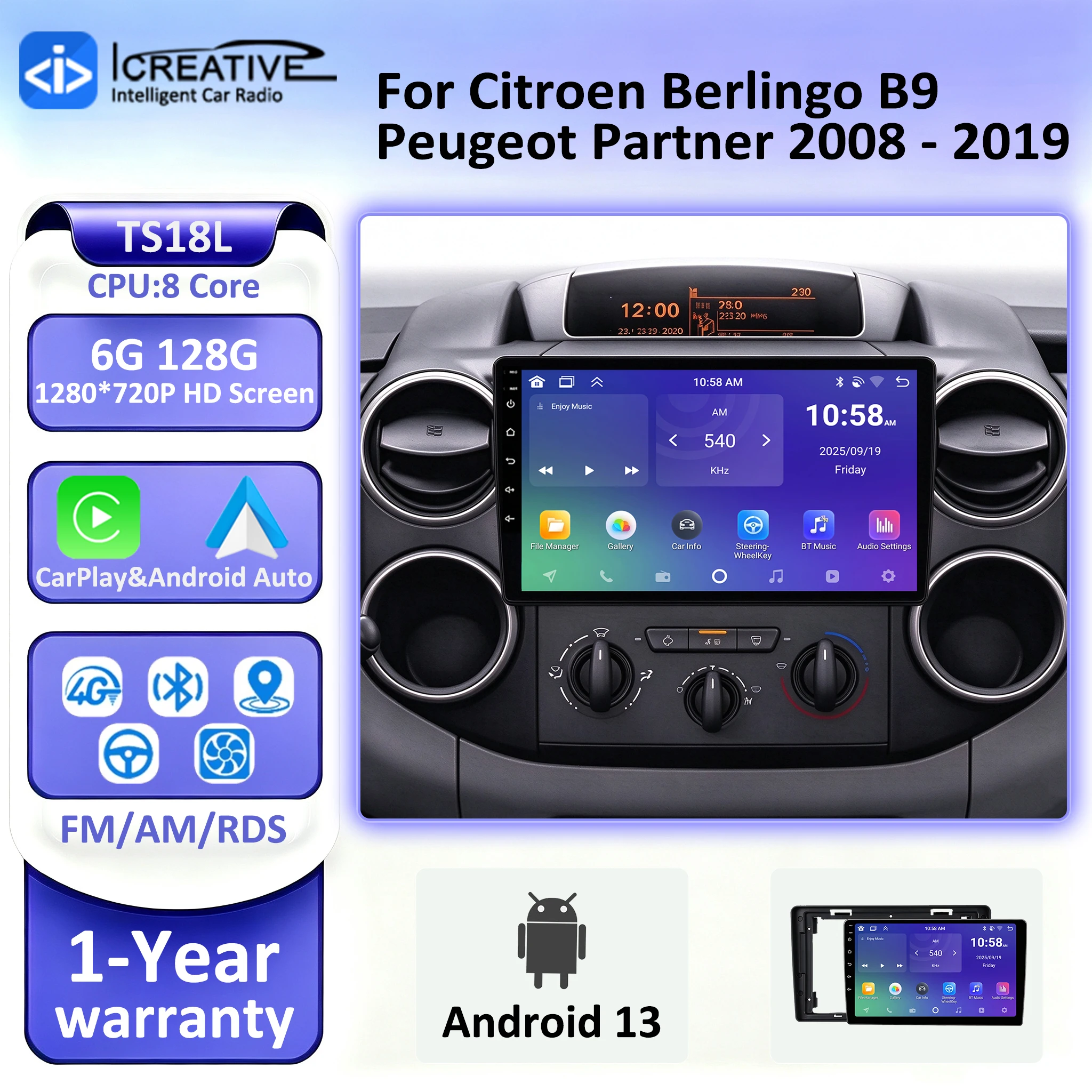 Android 13 Car Radio For Citroen Berlingo B9 Peugeot Partner 2008 - 2019 Multimedia GPS Wireless CarPlay Navigation 4G BT Stereo