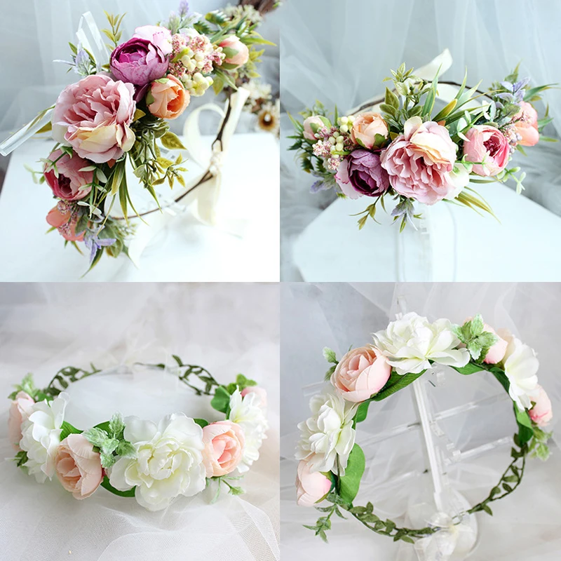 Flower Headband Spring Bohemian Flower Crowns Floral Garland Faux Rose Wedding Wreaths Braided Hair Vine Headpiece Hair Ornament