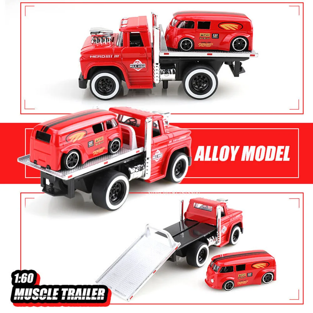 American Muscle Alloy Trailer Model Toy, Pull Back Car, Metal Diecast, Modelos Flatcar, Música Light, Coleção Presentes para Meninos, Escala 1:60