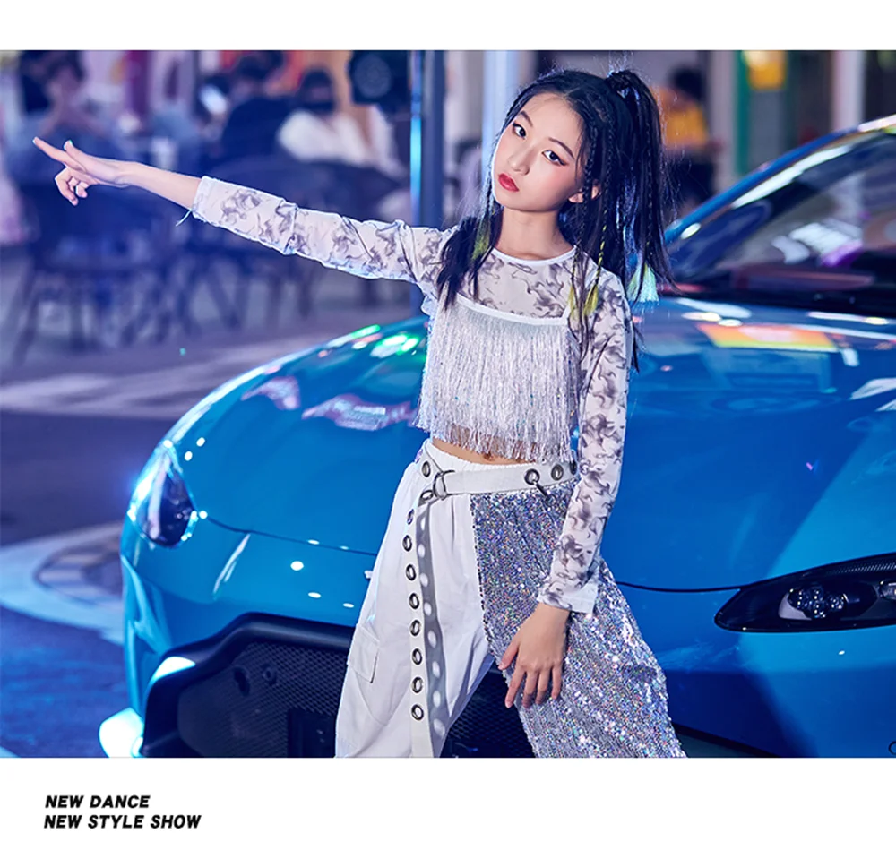 2025 moda pasarela espectáculo disfraz escenario niñas borla Tops pantalones de lentejuelas traje Kpop Ropa de baile de Hip Hop ropa de bailarina de Jazz yj339