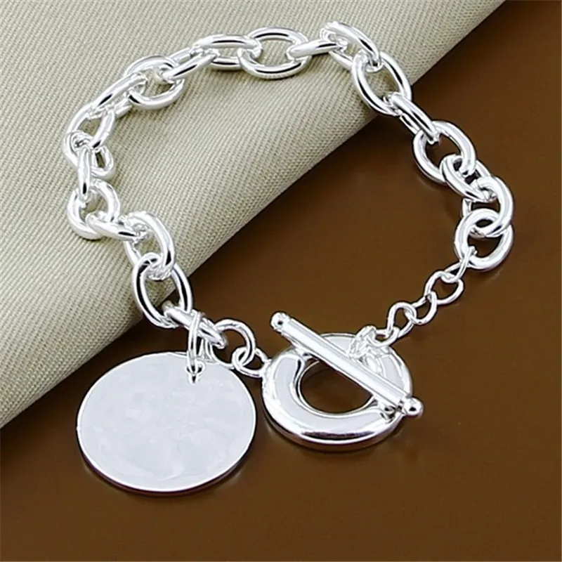 Pulsera con colgante de etiqueta redonda de Plata de Ley 925, hebilla OT para mujer, abalorio, joyería de fiesta de compromiso de boda