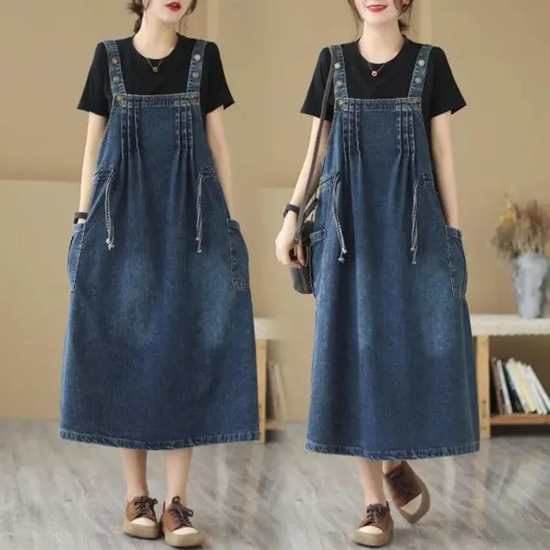 

Oversized Women's Denim Skirt Spring Autumn Casual Suspenders Dress Cowboy Sleeveless Dress Female Long Adjustable Slip Dresses