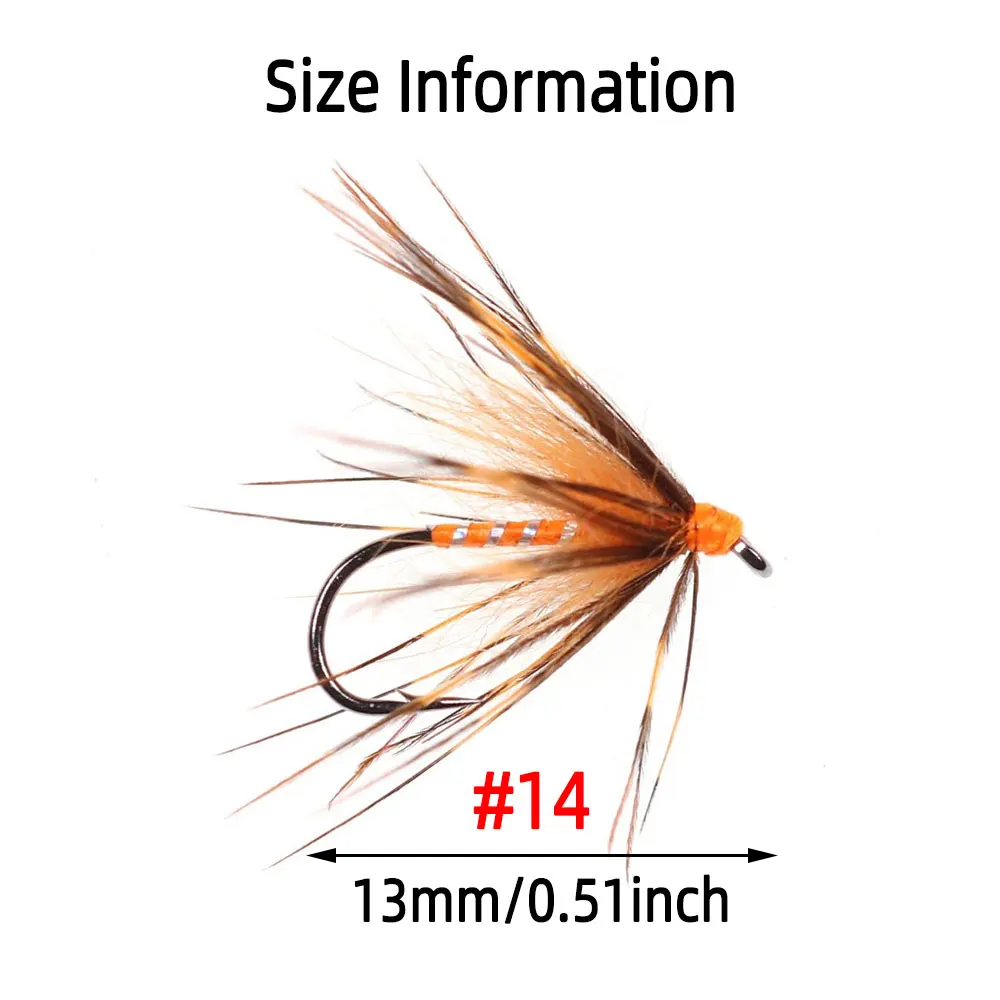 Bimoo 8 Stück # 14 Grizzly Soft Hackle Tenkara Fliegen mit Widerhaken, Wet Midge Fliegen, Tenkara Nymphenfliegen, Forellen- und Grayling-Angelköder – Detail 3
