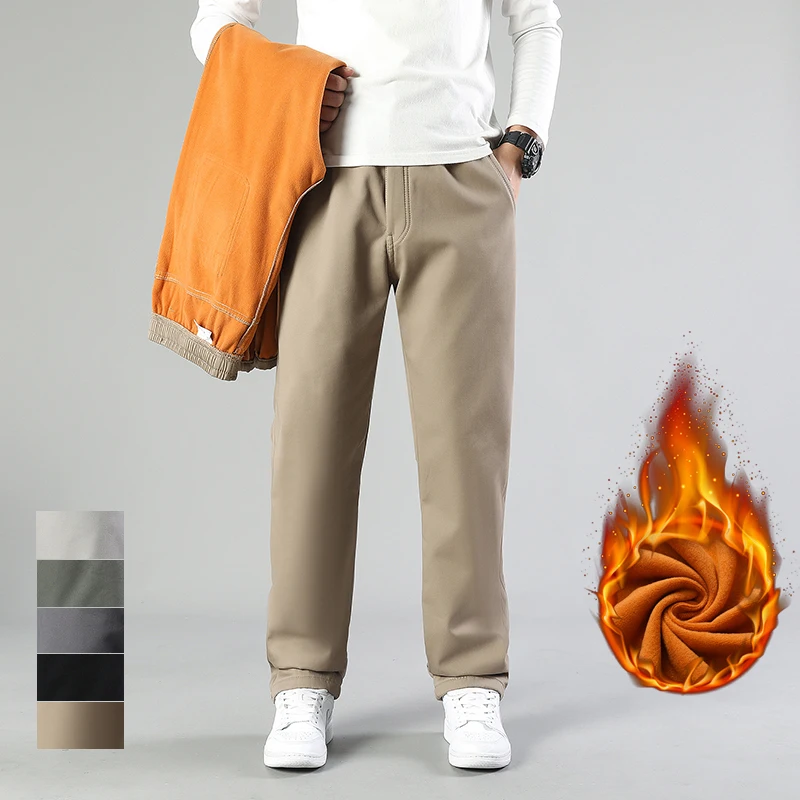 Big Size Men's Autumn Winter Pants Fleece Lining Cotton Trousers Men Loose Fit Many Pockets Long Pants 5XL 6XL Classic Pants