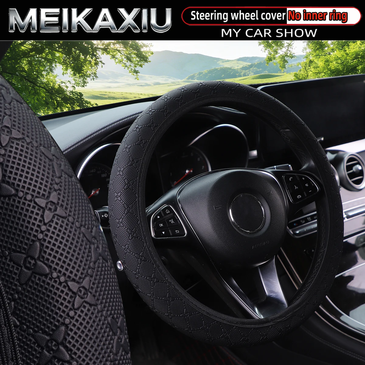 Women's Star-Embossed 3D PU Leather Car Steering Wheel Cover Rimless Compatible with 14.5-15 Inch Wheels Auto Accessory