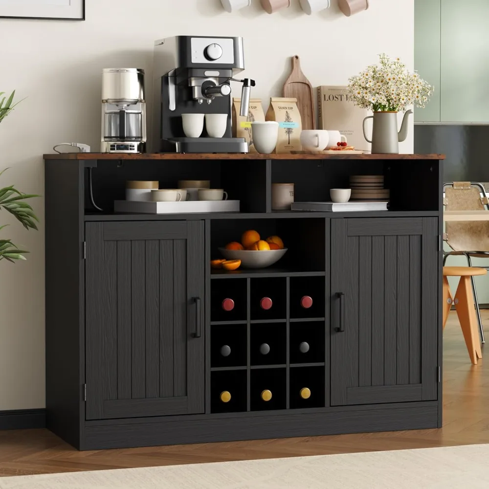 Farmhouse Buffet Cabinet with Power Outlets, Rustic Sideboard Buffet with Wine Rack, Wooden Buffet Table for Dining Room