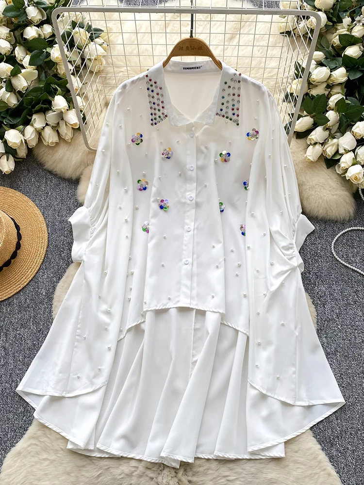 

Summer Irregular Short Sleeved Shirt Women's Diamond Studded Nail Bead Single Breasted Bat Sleeve Loose Medium To Long Top C319