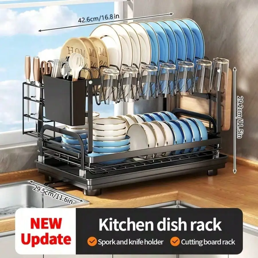 2‑Tier Metal Dish Drying Rack, Kitchen Counter Top Dish Rack with Knife Fork Holder, Cup Holder, Cutting Board Holder & Rust‑Proof Drain Tray, Large Capacity Kitchen Storage Organizer