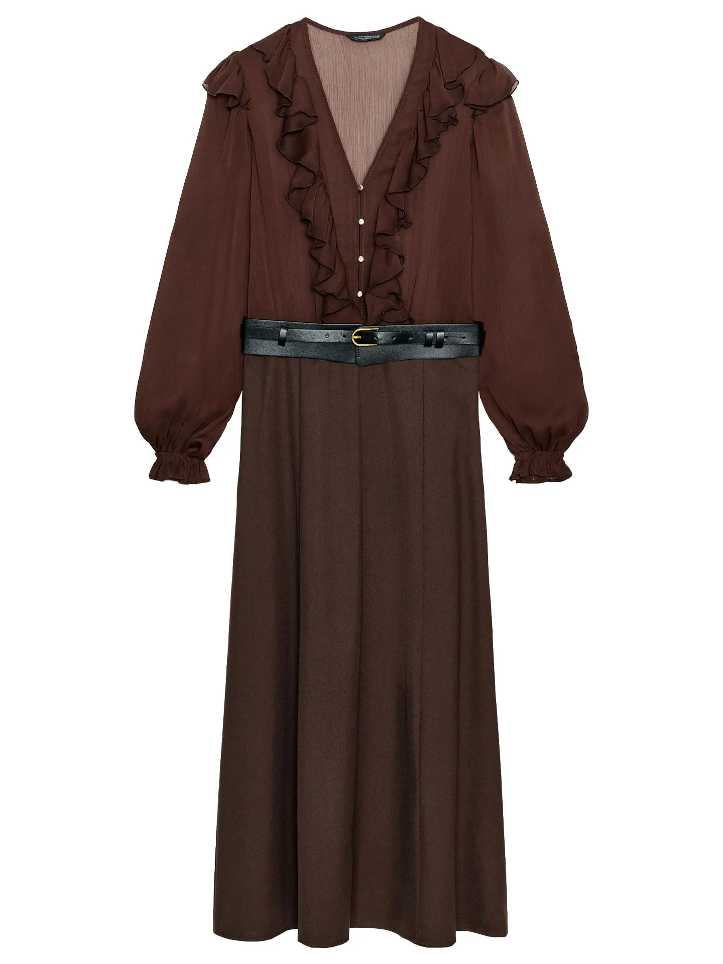 Ele Long Sve V-Ne Midi Dr with Belt Splicing Casual Sle A-Line Skirt for Ladies Autumn Winter New Arrival