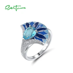 SANTUZZA Genuine 925 Sterling Silver Rings For Women Sparkling Blue Stone Enamel Fan Shape Trendy Party Gifts Fine Jewelry