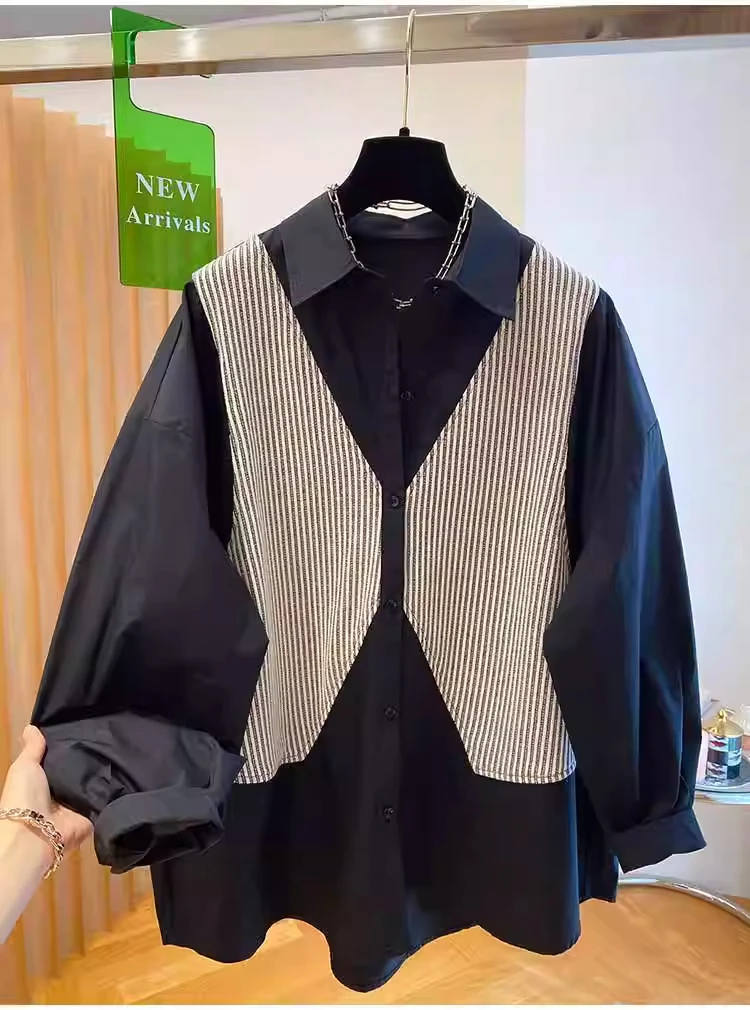 

Large Size 300 Pou Faionable Striped Collar Loose irt Spring Autumn ex Breathable Long Sve Korean Sle