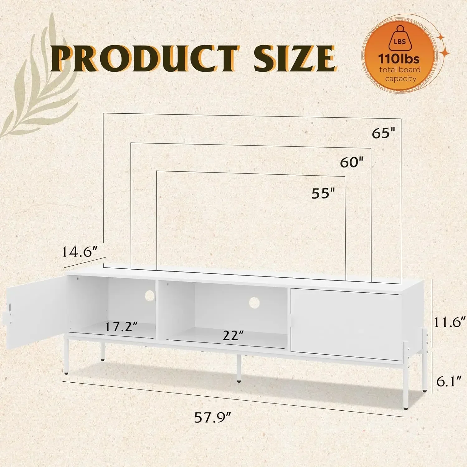 Modern TV Stand for 65 Inch TV, Mid Century Entainment Center with Storage,  TV Cabinet with Metal Legs, White