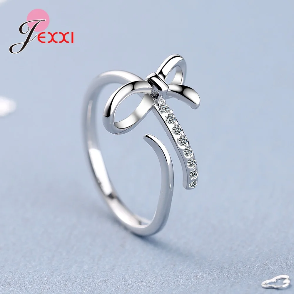 

Elegant 925 Sterling Silver Bowknot Rings for Women Cubic Zircon Stones Adjustable Finger Jewelry Romantic Gifts Accessories