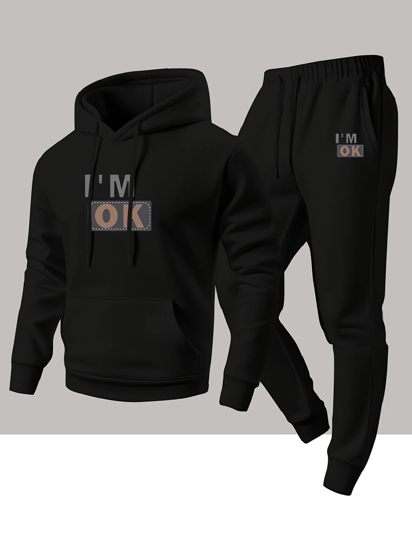 

Men's Autumn Winter "I'm OK" Print Hoodie & Jogger Pants Set, Trendy Casual Sports 2-Piece Tracksuit