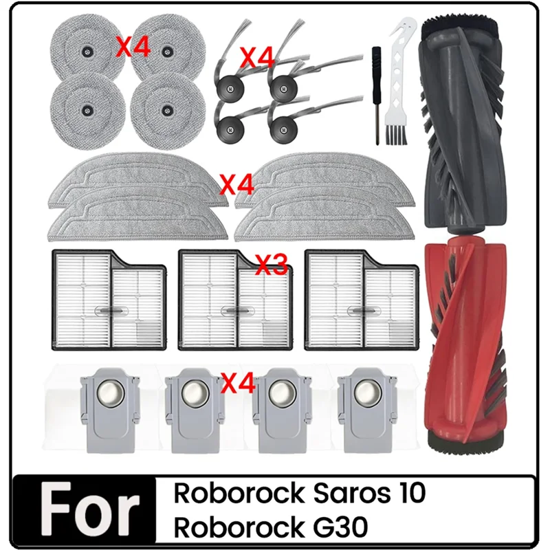 

RMWIN-23 шт. запасные части для пылесоса Roborock Saros 10/G30, двойная основная щетка, накладка для швабры, HEPA-фильтр, мешок для пыли, боковая щетка