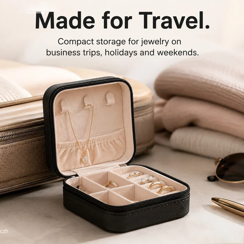 Compact Travel Jewelry Case, PU Leather Zip Organizer with Ring Rolls and Necklace Hooks - Image 6