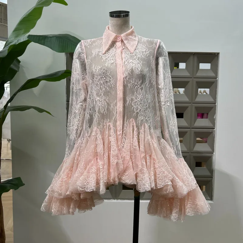 QMQA Fashion Women's Sheer Splice Ruffles Lace Mini Dress Beaded Lace Lapel Petal Flared Long Sleeve Elegant Shirt Dresses QM831