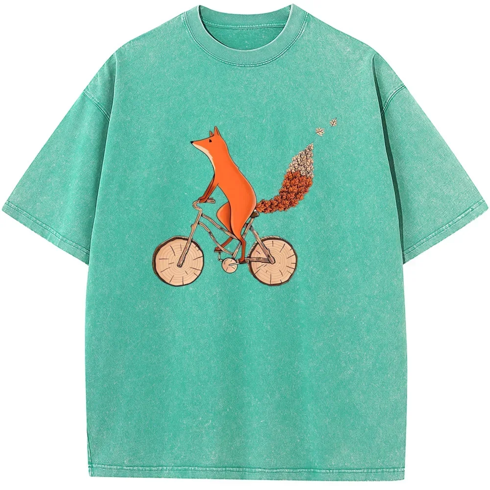 Fox Bicycle Men's Washed T-Shirt Summer Cotton Bleached Tshirt Tops Vintage Loose Casual Tees Fashion Loose Bleach T shirt