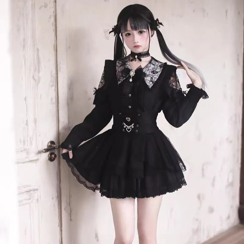 2026 Japanese Kawaii Lolita Skirt Sets Women Sweet Lace Off Shoulder Bow Blouse High Waist Mini Skirt Gothic Y2k JK Uniform Suit image 2