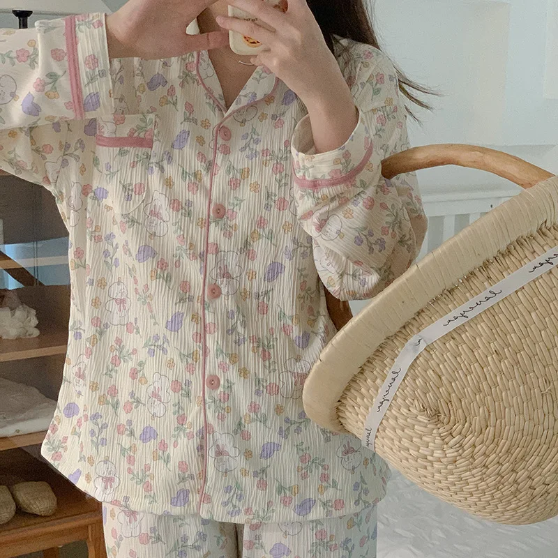 Neue Ländliche Damen-Pyjamas Frühling Herbst Bubble-Baumwolle Kleines Blumenmuster Langarm-Set Locker Süß Niedlich Hauskleidung Mädchen Auch für Draußen Tragbar