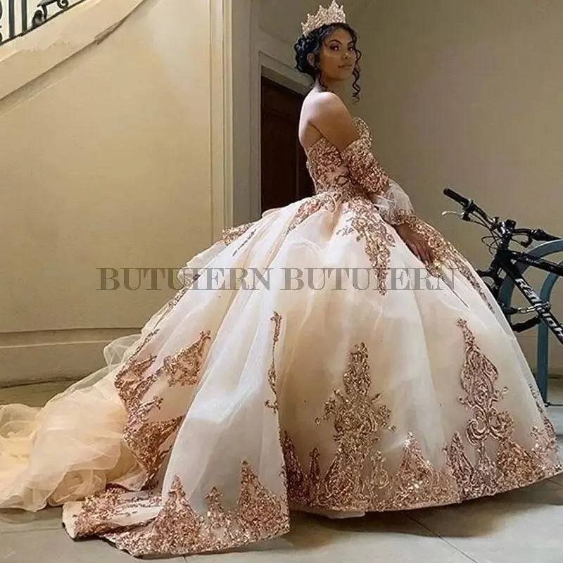 Fotos reales vestidos de quinceañera de oro rosa apliques de cuentas dulce 16 vestido de graduación vestidos de fiesta de cumpleaños personalizados