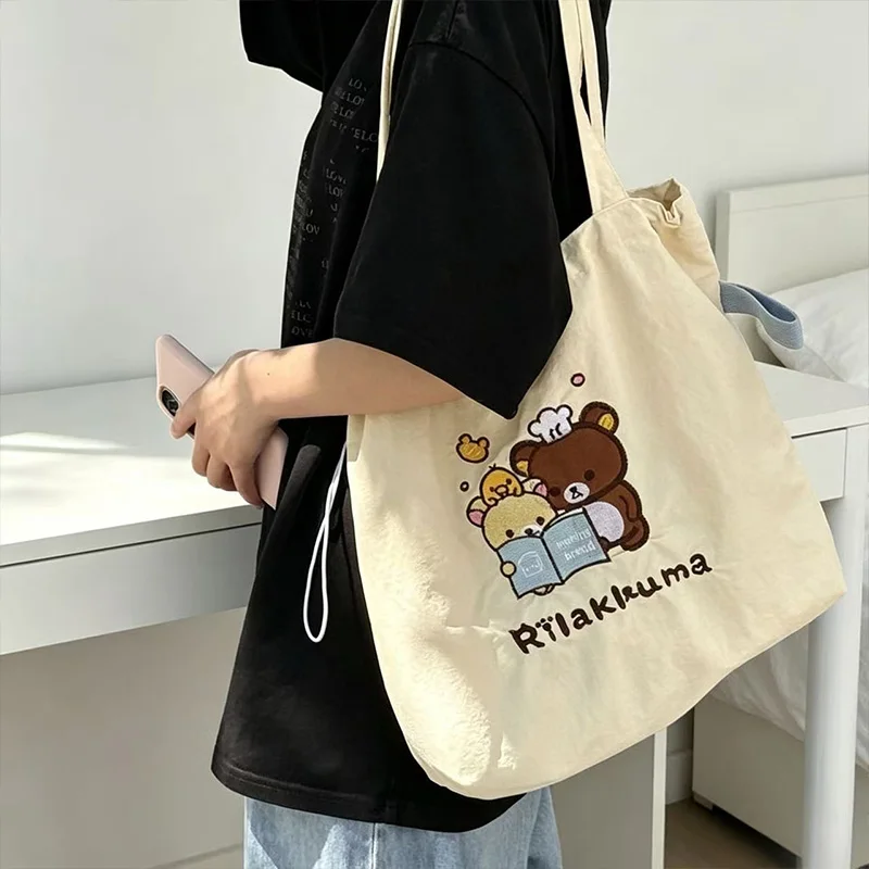 

New Cartoon Rilakkuma Canvas Bag Cute Large Capacity Drawstring Shoulder Bag Leisure Portable Storage Bag Friend Festival Gift