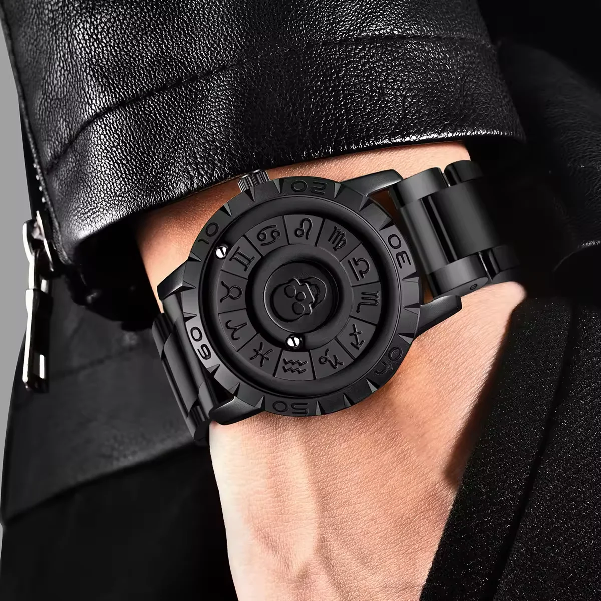 Top Luxury Stainless Steel Alloy Skull Watch Rolling Pointer Magnetic Quartz Wristwatch Twelve Constellations Scale Dial Watch