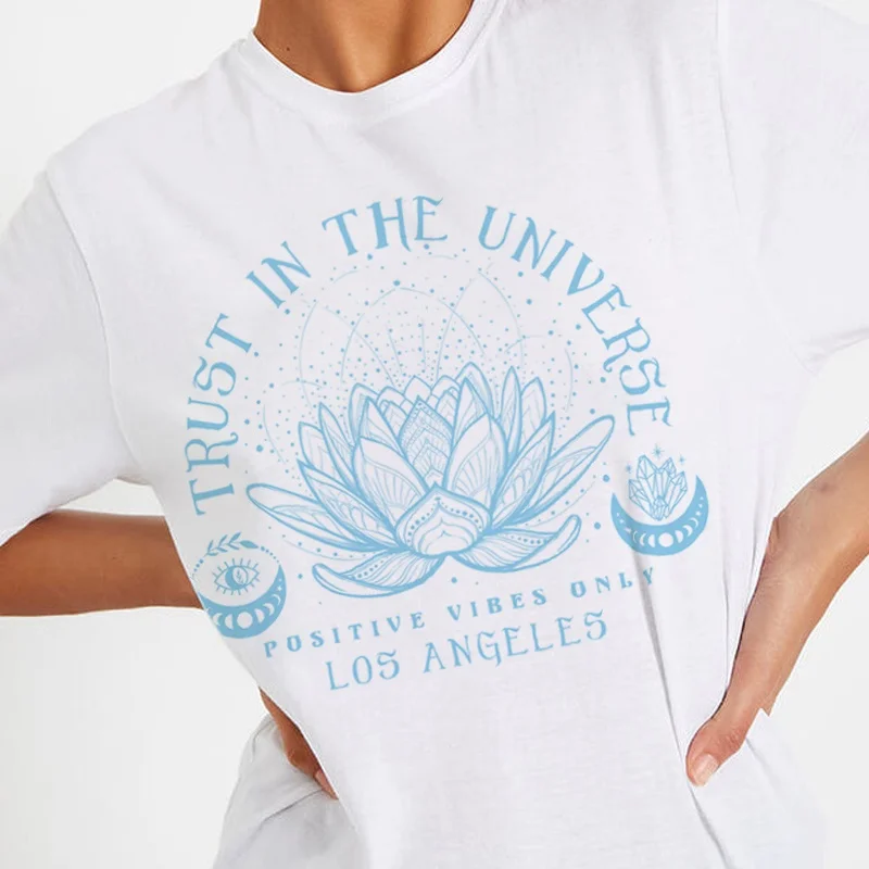 Trust In The Universe Lotus Print Mystical Boho Style Women's T-Shirt Vintage Hippie Spiritual Yoga Tee Shirt Witch Shirt Tops