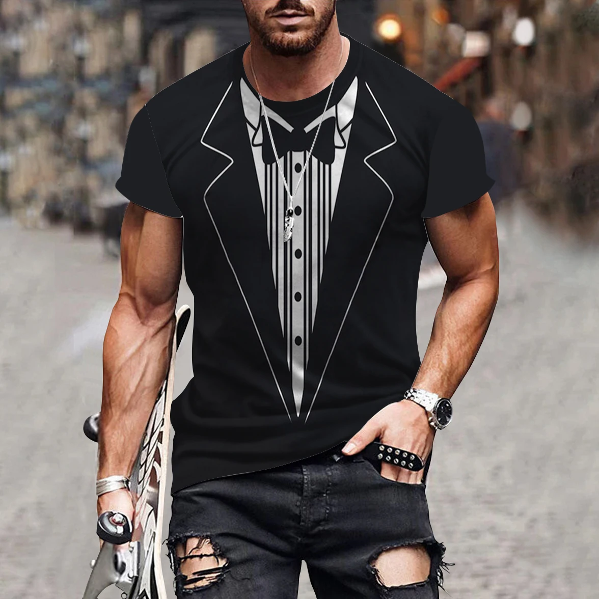 2024 T-shirt sleeve top 3D muscle tie cartoon casual street men\'s T-shirt plus size T-shirt men\'s retro clothing