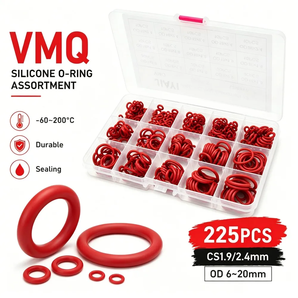 225Pcs Non-Toxic Red VMQ Silicone Sealing O Rings Food Grade High Temp Waterproof OD6-20mm Fit Home & Industrial Equipment
