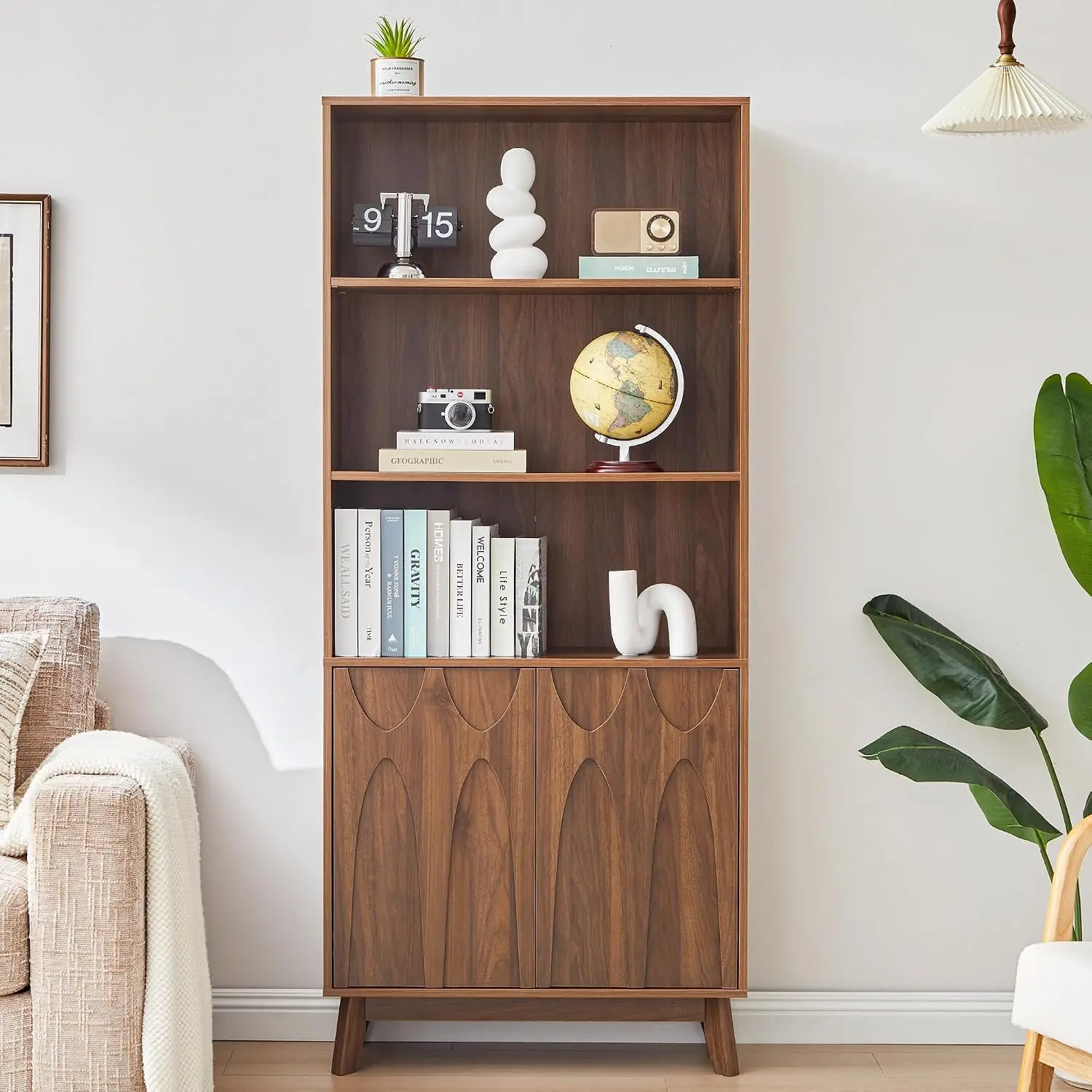 71-Inch Tall Bookcase with Doors Mid Century Modern 5-Tier Bookshelf Adjustable Shelves for Home Office Living Room, Customized