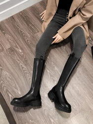 Winter Knee High Shaft Biker Ladies Boots Black Middle Heel Footwear Shoes for Women Round Toe Waterproof Demi-season Trend Hot