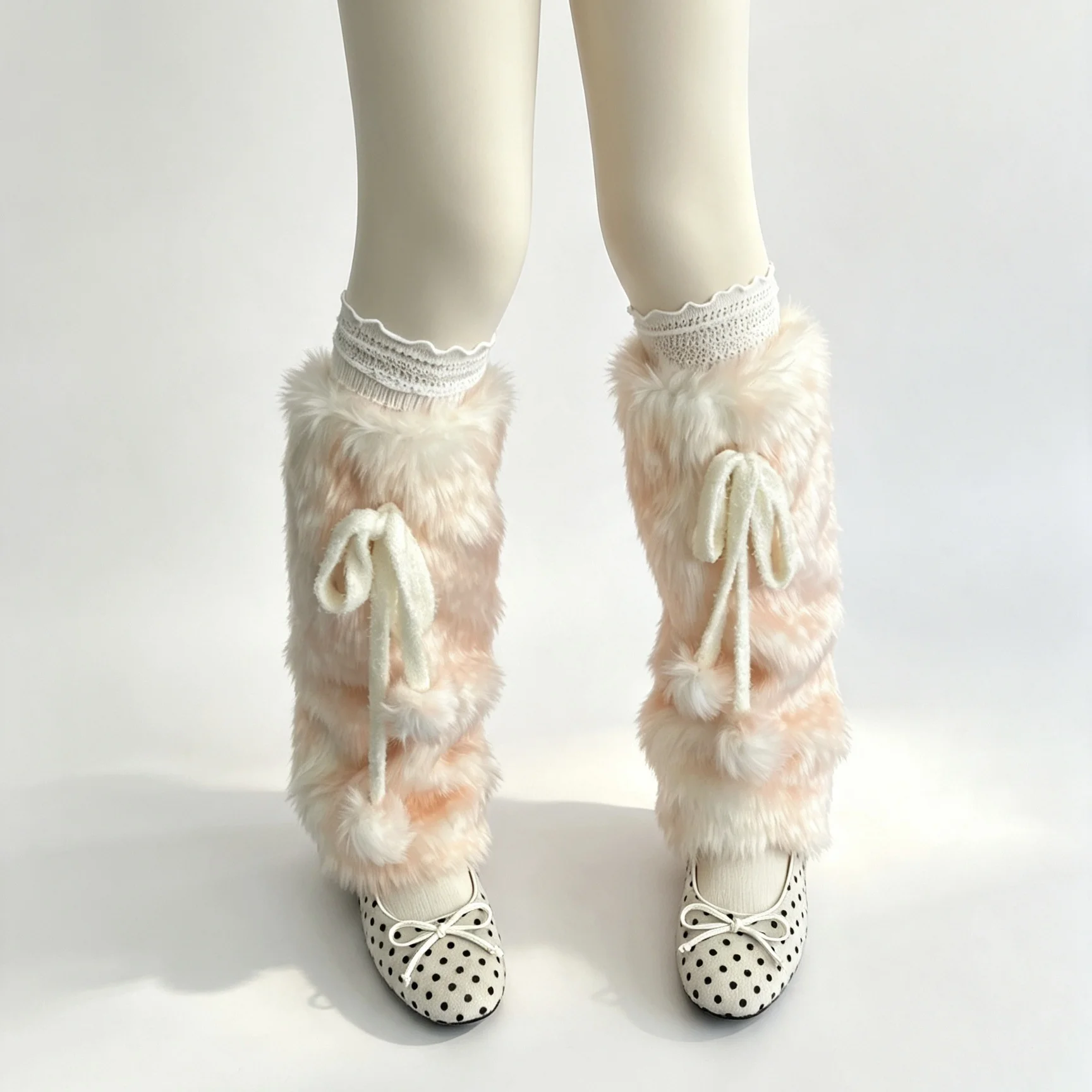 Winter Subculture Spotted Deer Faux Fur Leg Warmers Y2K Kawaii Plush Covers Bow Pom Pom Fluffy Women Leg Cuffs Lolita Decoration