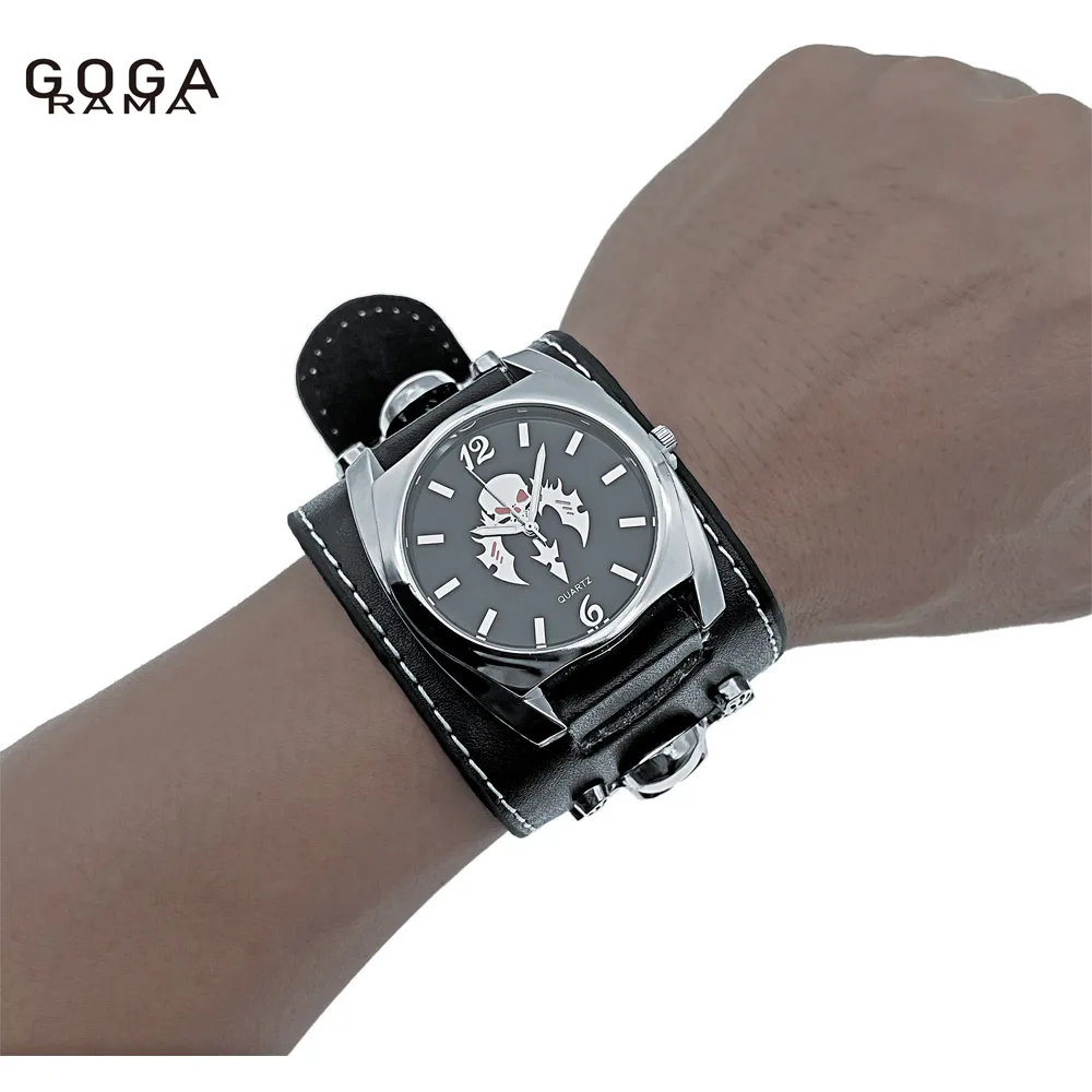 GOGARAMA-Relógio de Pulso Punk Masculino e Feminino, Pulseira de Couro Preto, Caveira 3D, Relógios de Quartzo, Aniversário, Natal, Halloween, Bons Presentes