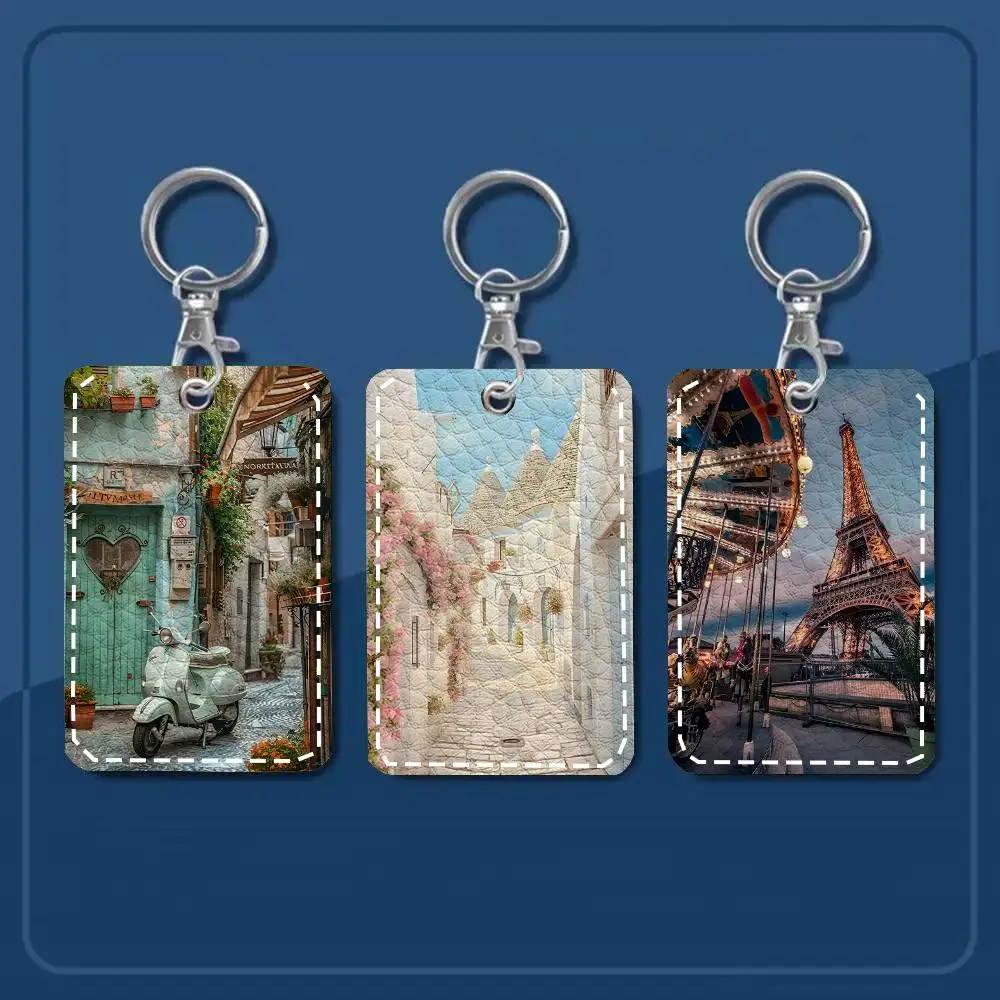 Greece Santorini France Europe Landscape Card Case Keychain Access Card Bag Key Tag Ring Leather Card Holder Key Ring Access