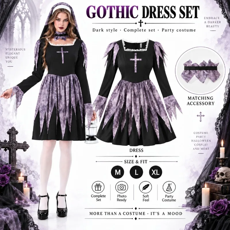 Halloween Gothic Nun Cosplay Costume for Ladies, Dark Purple Cross Print Dress Set for Carnival Masquerade Theme Party Outfits