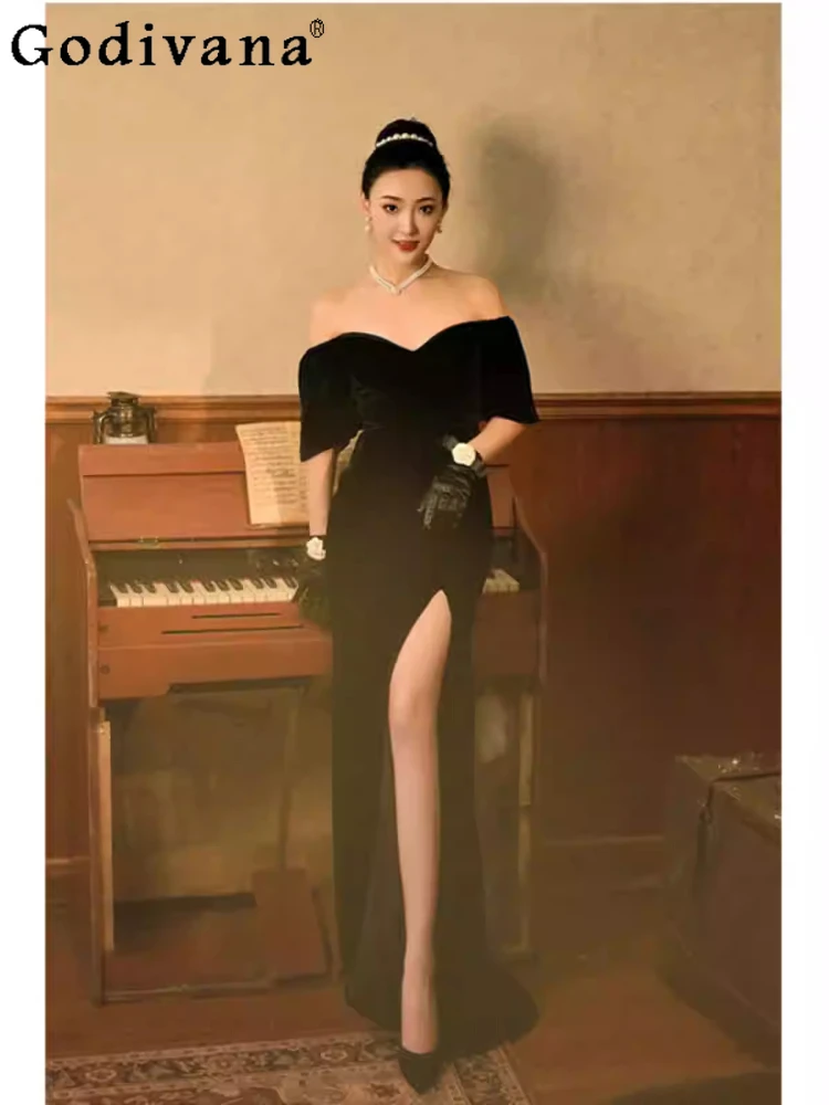 

3XL Elegant Black Velvet Slash Neck Party Lace-up Evening Dress Korean Girl Retro High Waist Slim Temperament Split Long Dresses