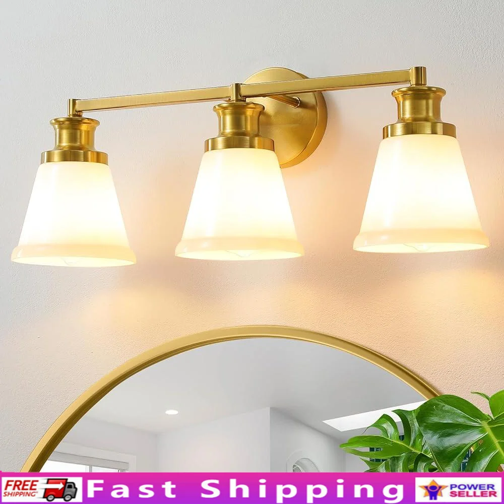 

Modern 3-Light Gold Bathroom Vanity Lights Wall Sconce with Milky Glass Shades Dimmable E26 Fixture Indoor Lighting