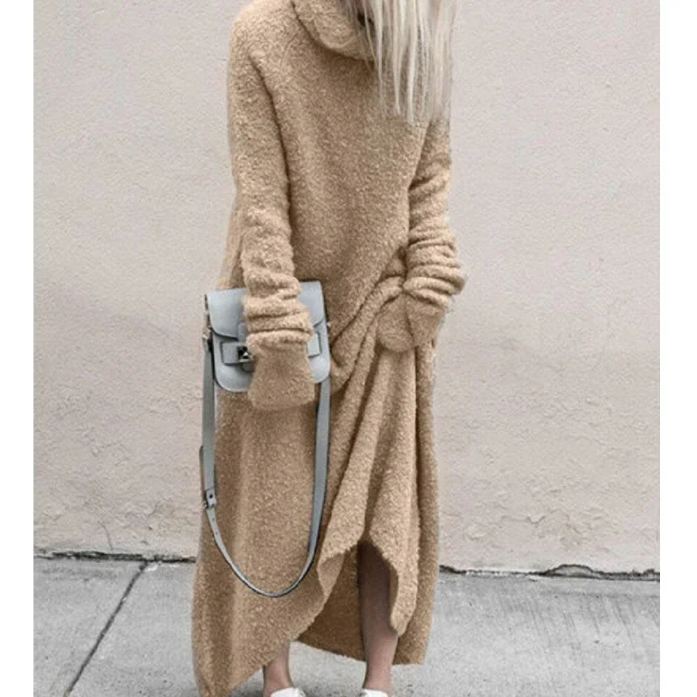 Women\'s Furry Turtleneck Long Sleeve High Waist Dress, Warm Sweater, Large Size, Monochromatic