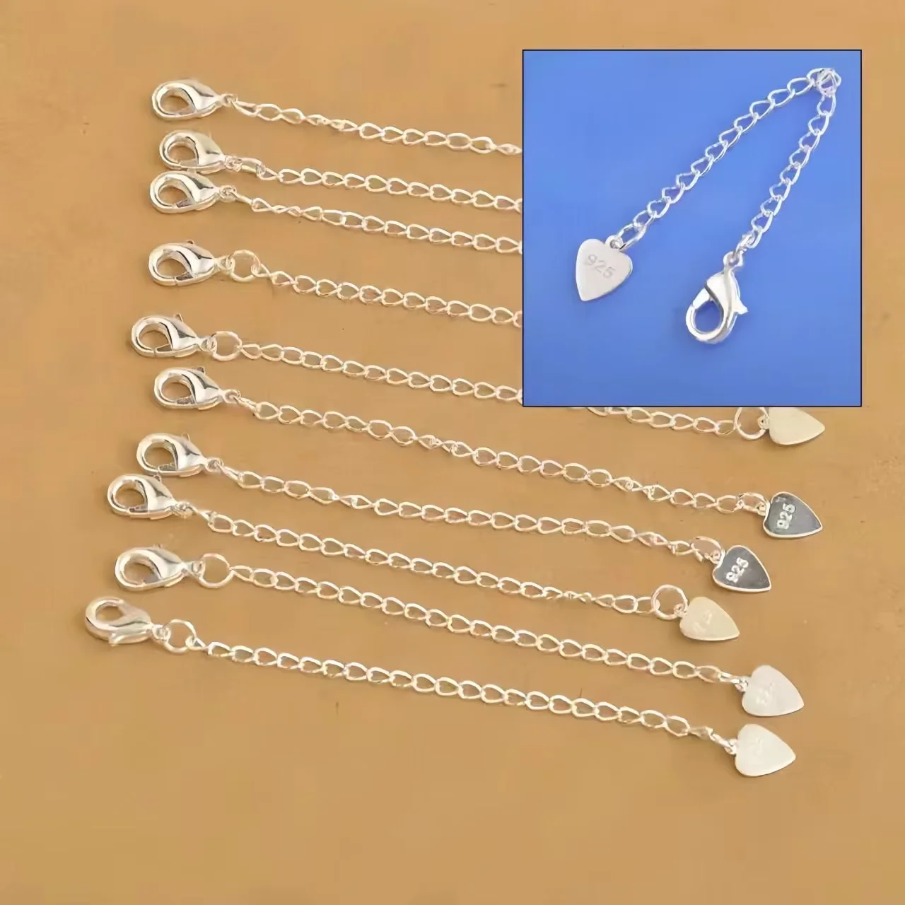 

Оптовые продажи: 10 шт. модных ювелирных комплектующих — удлинительные цепочки из серебра 925 пробы с подвесками-сердечками и застежками-карабинами для ожерелий и браслетов