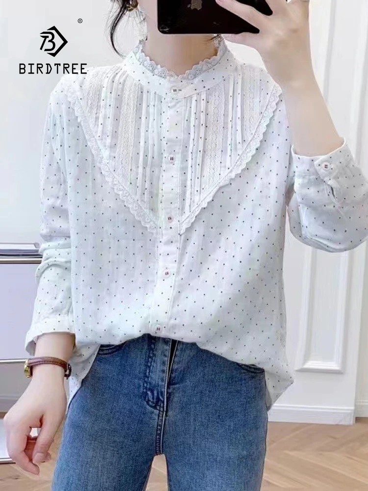 

New Spring Cotton Yarn Lace Shirt Women Stand Long Sleeve Dot Printed Tops Girl Versatile Loose Blouses 2024 Autumn T43076QC