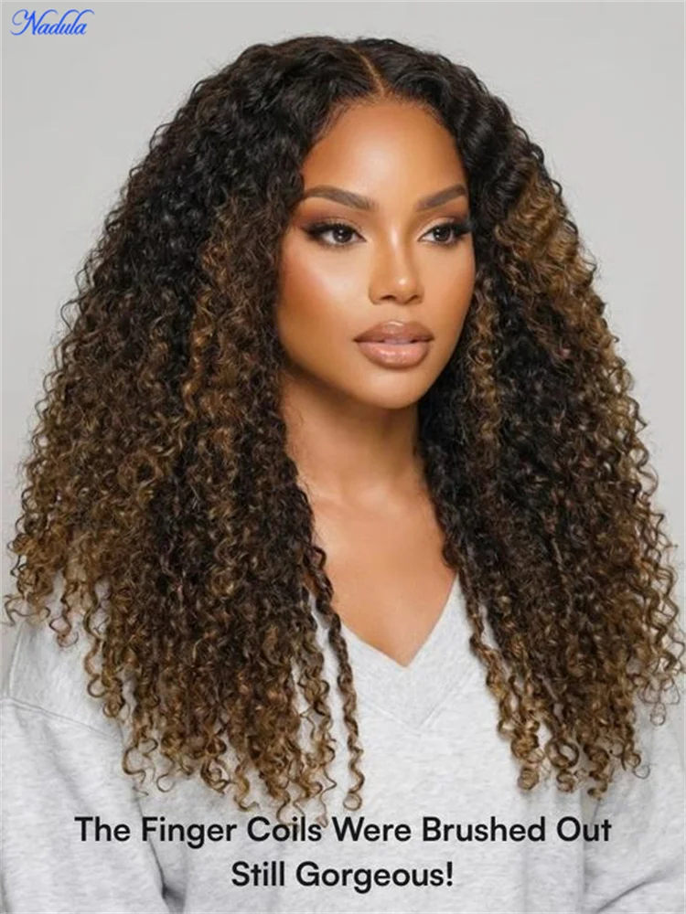 Nadula Burmese Curly Glueless Wig with Finger Coils End Chestnut Brown Ombre 7x5 Pre Cut HD Transparent Lace Pre Bleached Knots 100% Human Hair Wig with Drawstring Ready to Wear Suitable for All Heads Size view 4