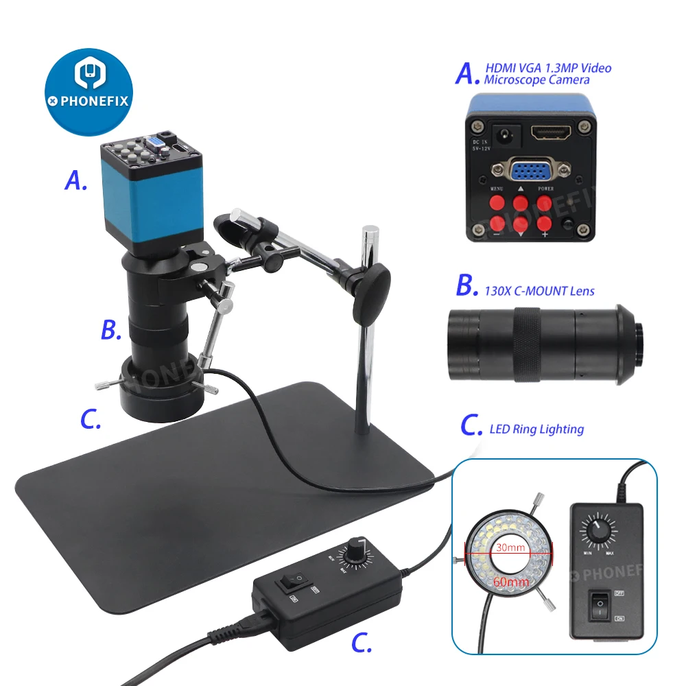 HDMI VGA Microscope Camera Set HD 13MP 60F/S Industrial Microscopio Camera + 130X C Mount Lens Double Arm 40 LED Ring Light Lamp